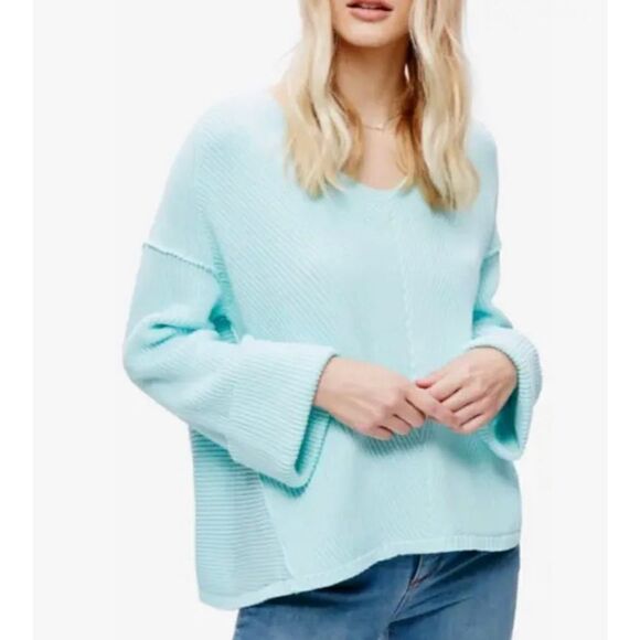 Free People La Brea Ribbed V Neck Sweater Size Medium Oversized Cotton Aqua Blue - Picture 1 of 9